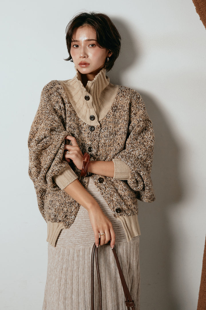 [SET]ハイネックミックスニットカーディガン+編み地切り替えフレアニットスカート(2set)