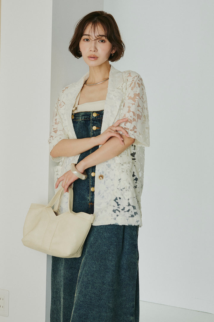 [SET]シアージャガードハーフスリーブテーラードジャケット+配色ショルダーデニムサロペットスカート(2set)