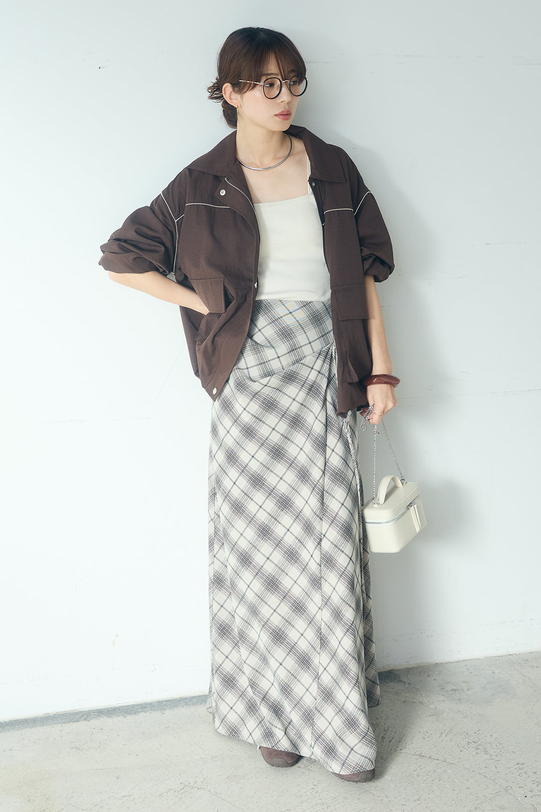 [SET]合繊ツイルバルーンジャケット+タータンチェック柄フロントデザインスカート(2set)