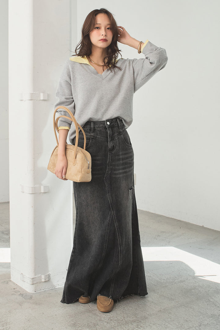 [SET]バイカラーニットレイヤード風プルオーバー+Aラインデニムスカート(2set)