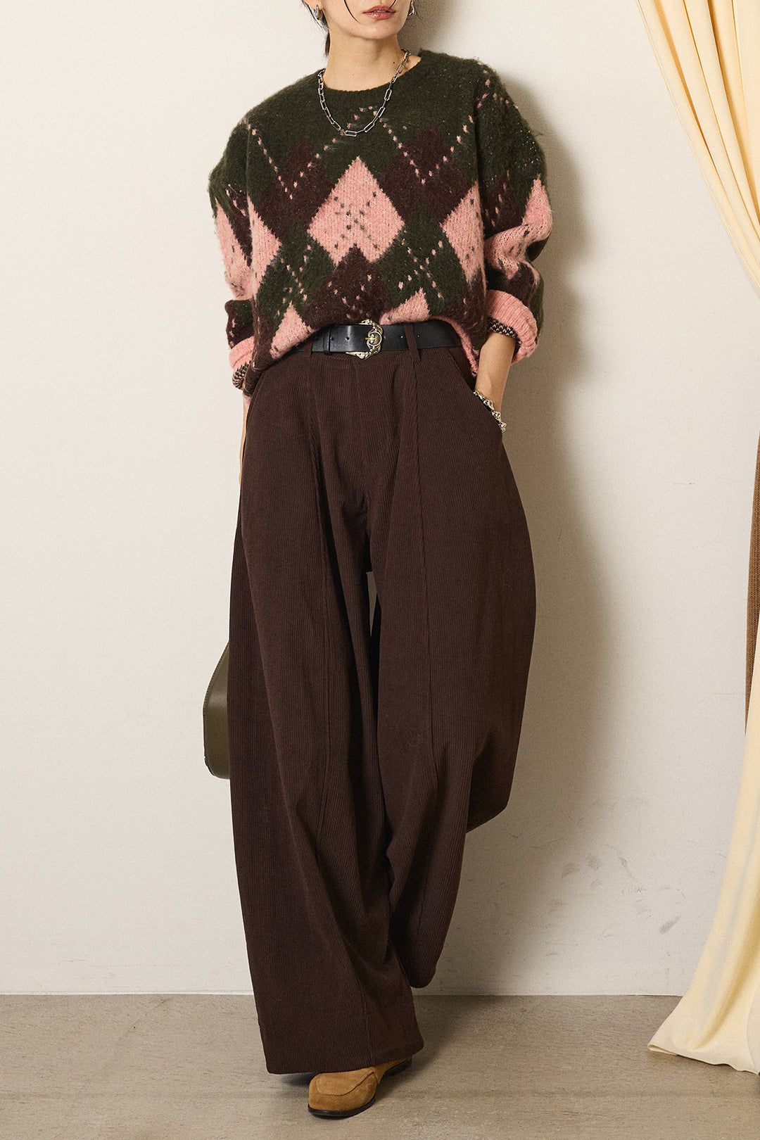 [SET]配色アーガイル柄ニットトップス+ベルト付きコーデュロイワイドパンツ(2set)