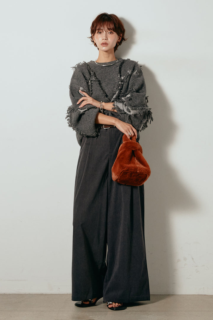 [SET]シャギージャガードニットトップス+太ベルト付きコーデュロイタックパンツ(2set)