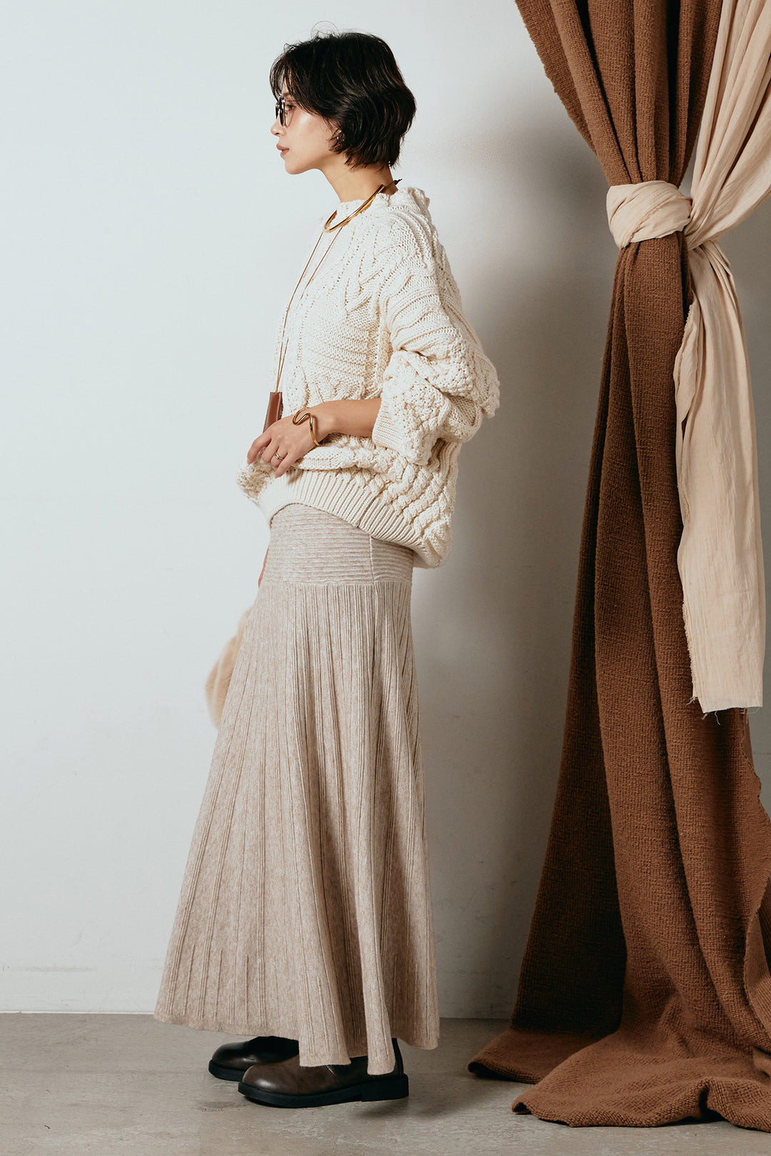 [SET]アラン柄ミックスケーブルニット+編み地切り替えフレアニットスカート(2set)