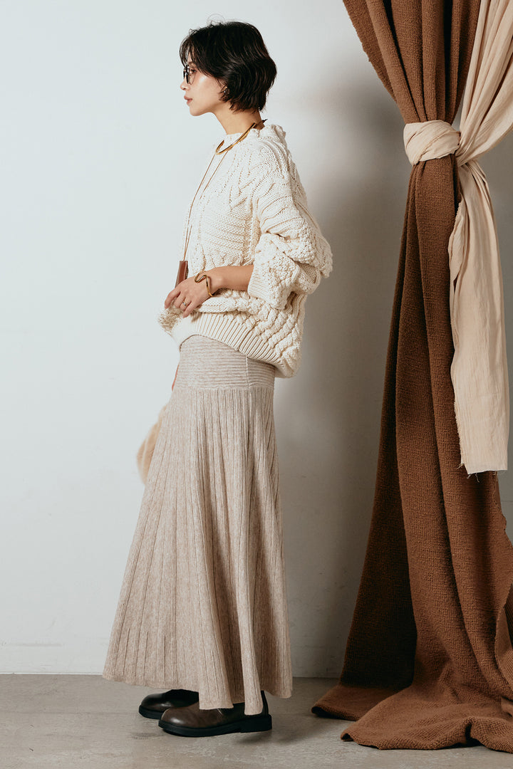 [SET]アラン柄ミックスケーブルニット+編み地切り替えフレアニットスカート(2set)