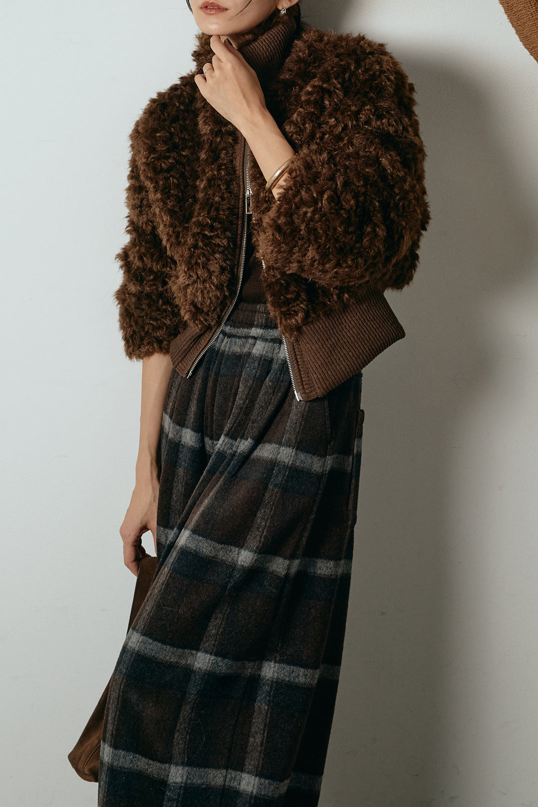 [SET]ハイネックショート丈ボアジップブルゾン+起毛タータンチェック柄ワイドパンツ(2set)