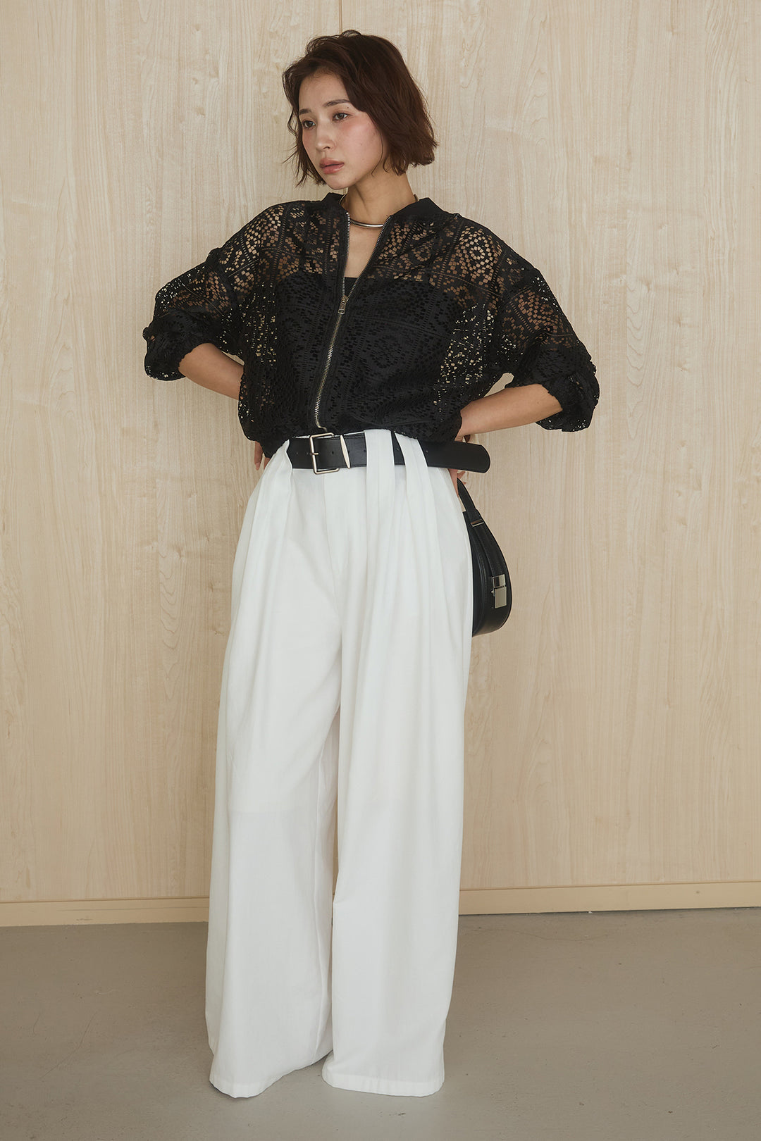 [SET]幾何レースブルゾン+ベルト付きビックループワイドパンツ(2set)