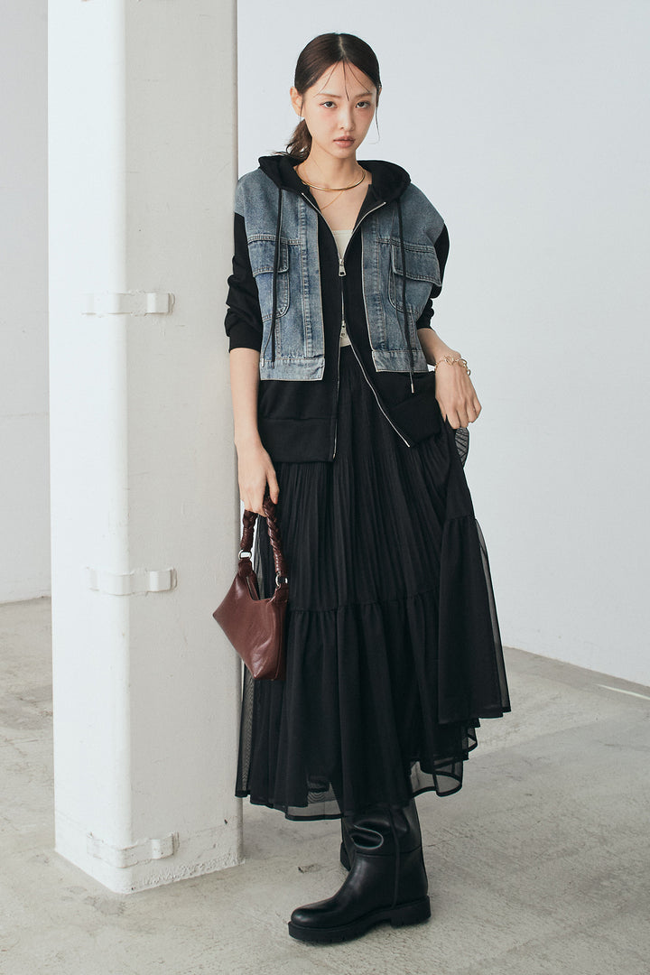 [SET]デニム切替ポンチダブルジップパーカー+ボリュームシルエットチュールスカート(2set)