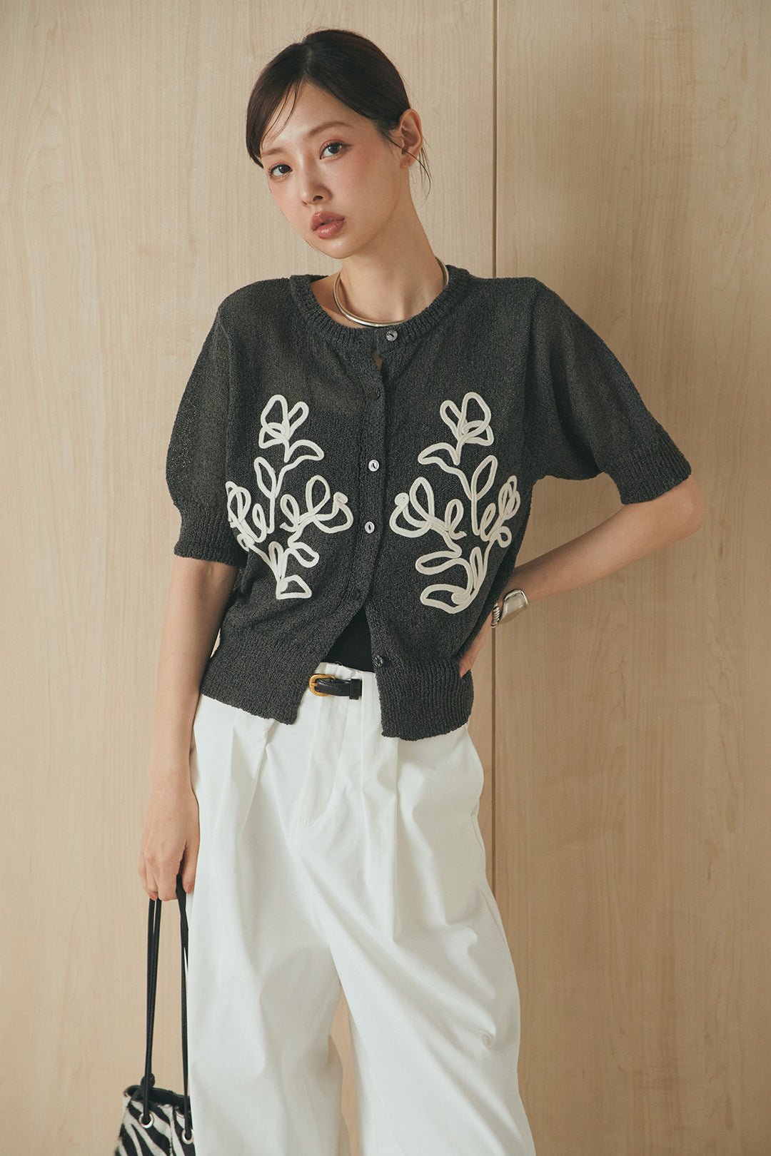 [SET]フロントテープデザイン半袖カーディガン+ベルトループデザインハイウエストタックパンツ(2set)