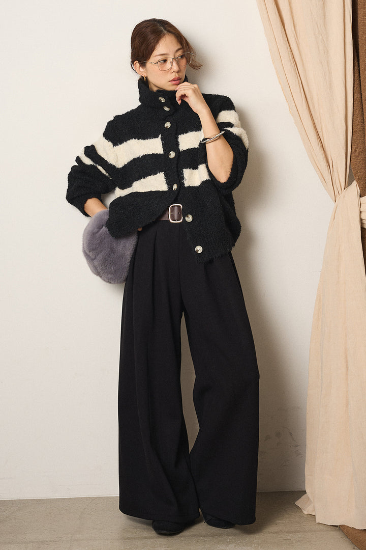 [SET]ハイネックボーダーニットカーディガン+フェイクレザー太ベルト付きタックワイドパンツ(2set)