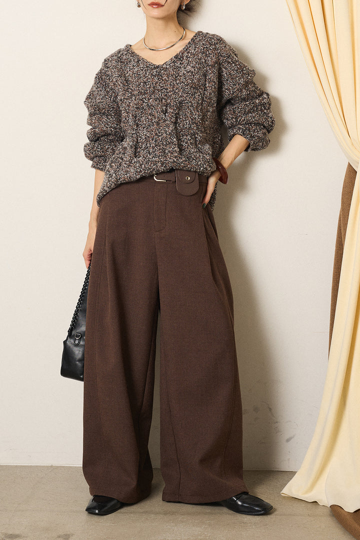 [SET]Vネックミックス編みニットトップス+ポーチベルト付きカーブパンツ(2set)