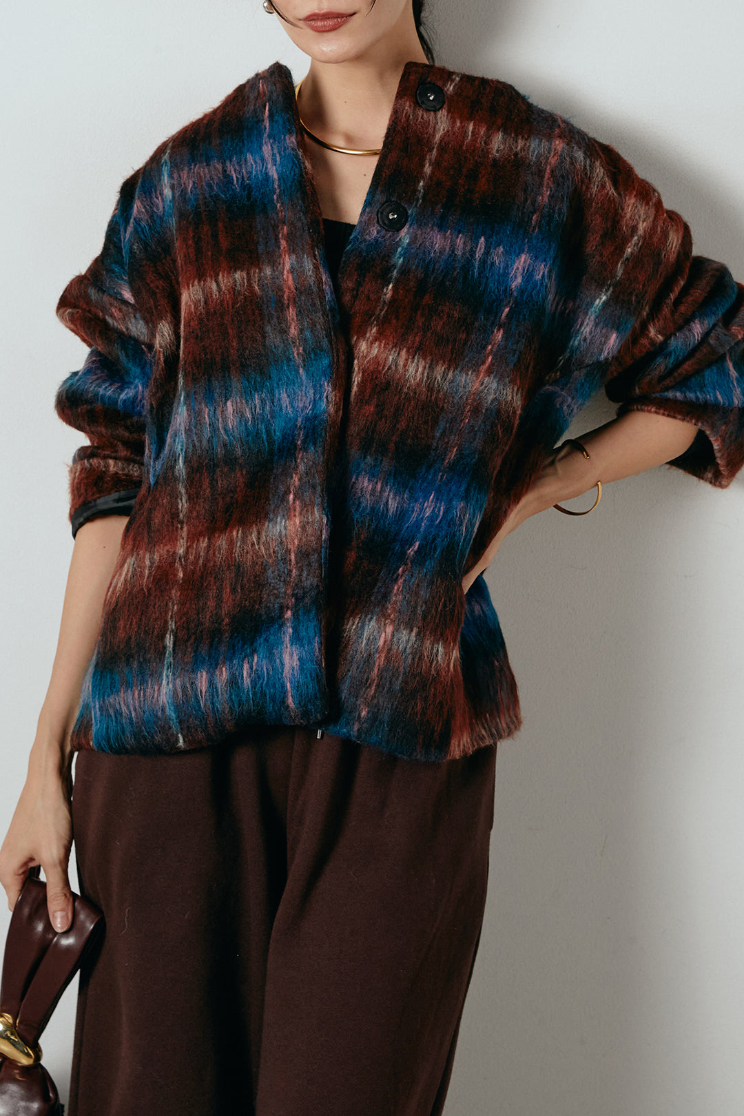 [SET]ノーカラーシャギーチェックアウター+裏起毛スウェットワイドパンツ(2set)