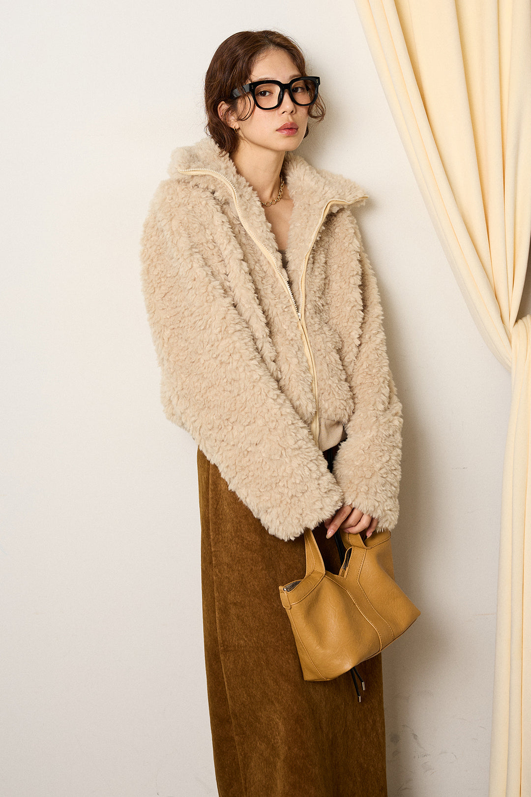 [SET]スタンドカラー裾リブボアブルゾン+ロープベルト付きスウェード調スカート(2set)