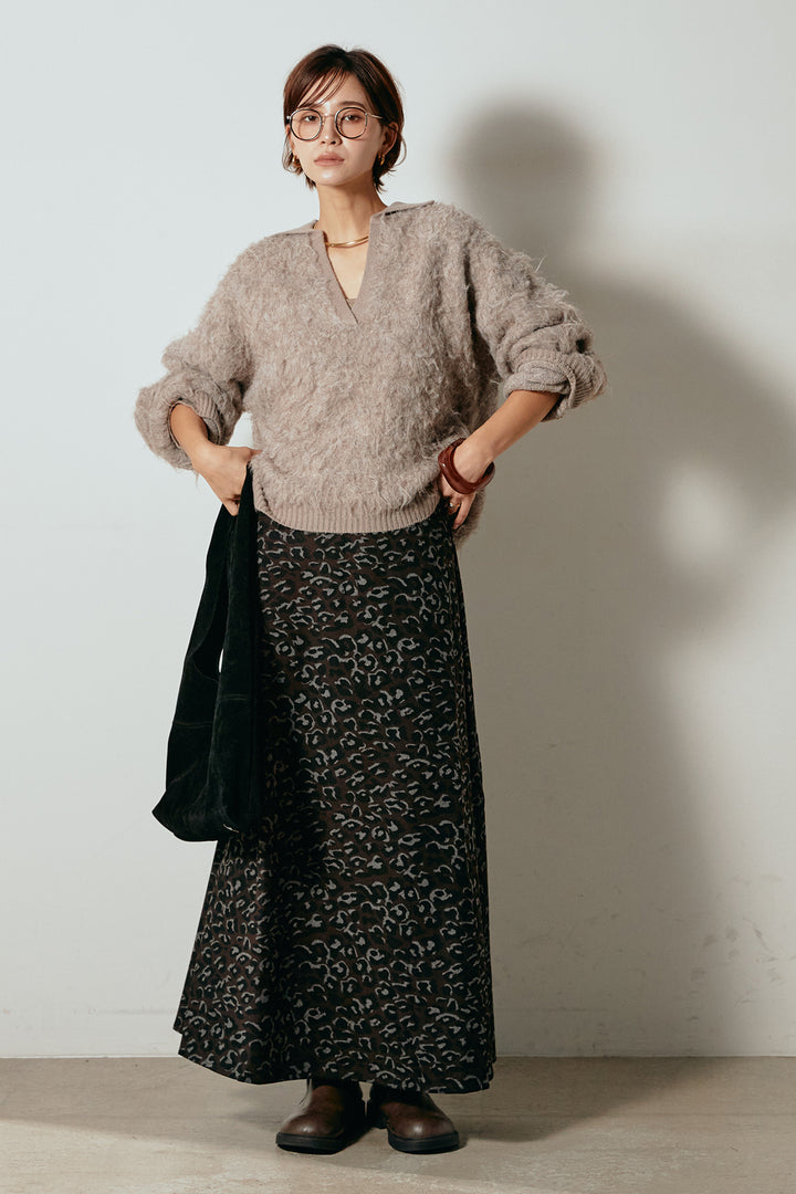 [SET]襟付きシャギーニットポロトップス+レオパードロングスカート(2set)