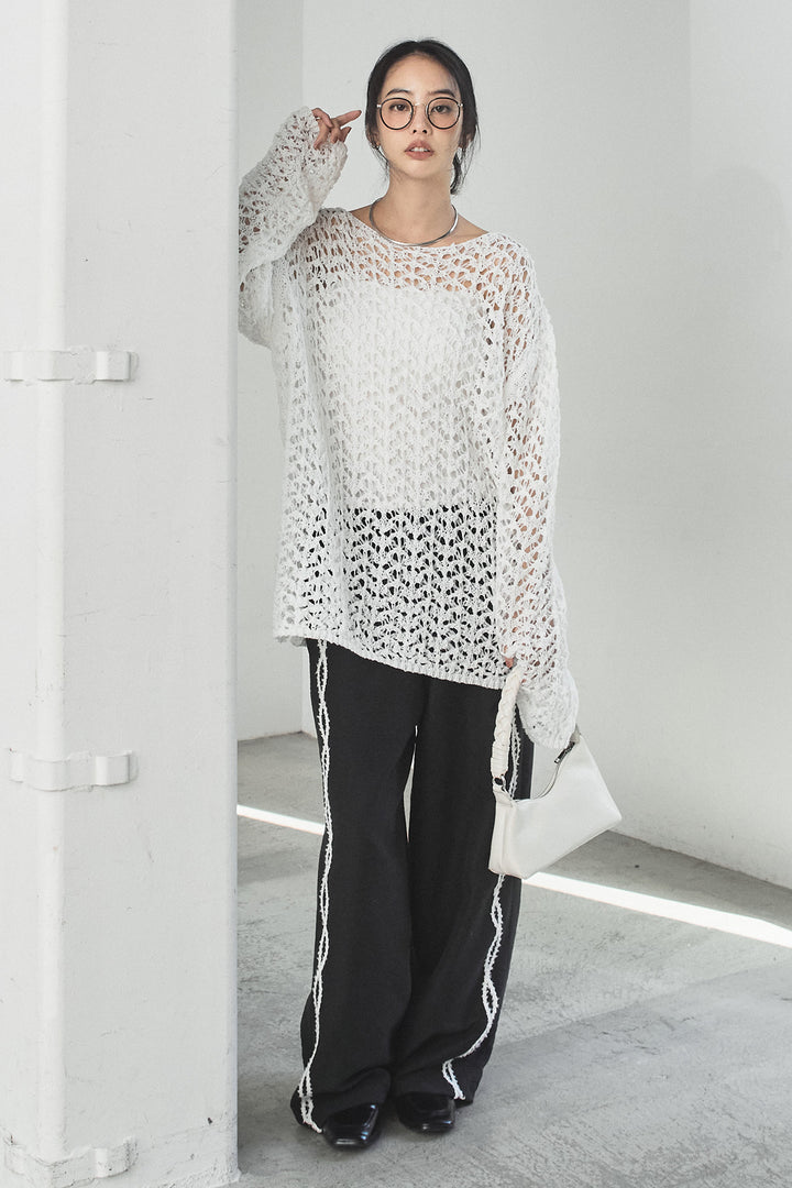 [SET]リラックスメッシュニットトップス+刺繡テープラインパンツ(2set)