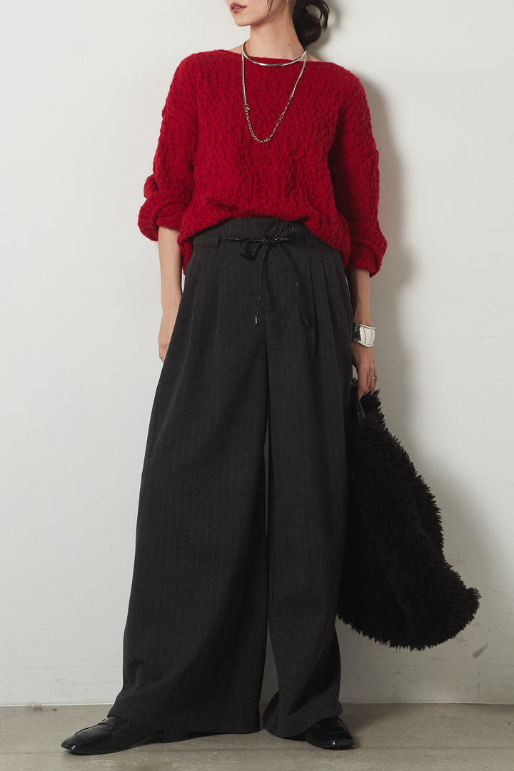 [SET]ボリューム編みニットプルオーバー+編みベルト付きピンストライプワイドパンツ(2set)