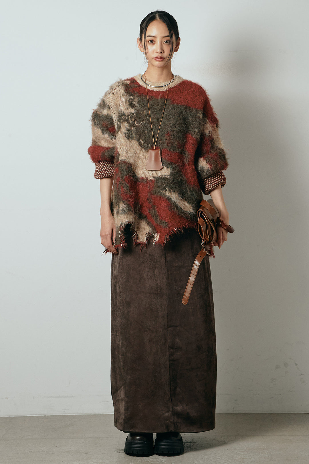 [SET]起毛裾デザインニュアンス柄ニットトップス+エコスウェードワイドスカート(2set)