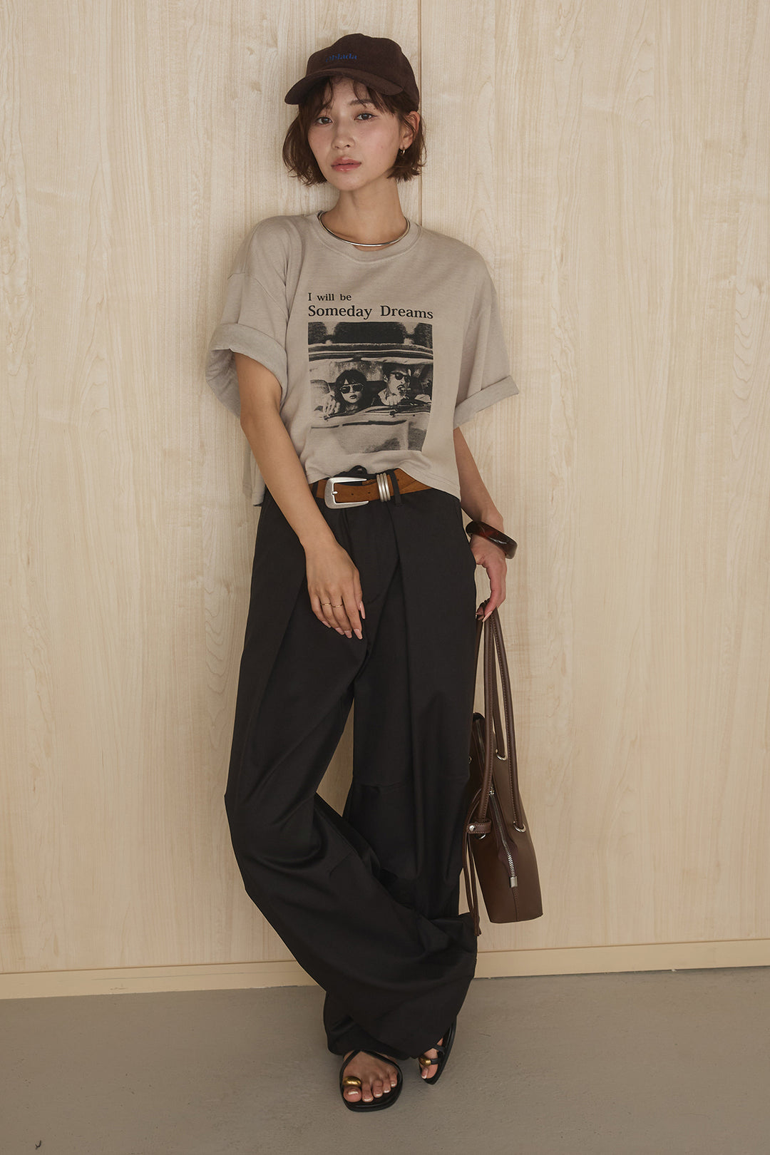 [SET]グラフィックサムデイワイドクロップドT+ニーサイドタックウエストドロストパンツ(2set)