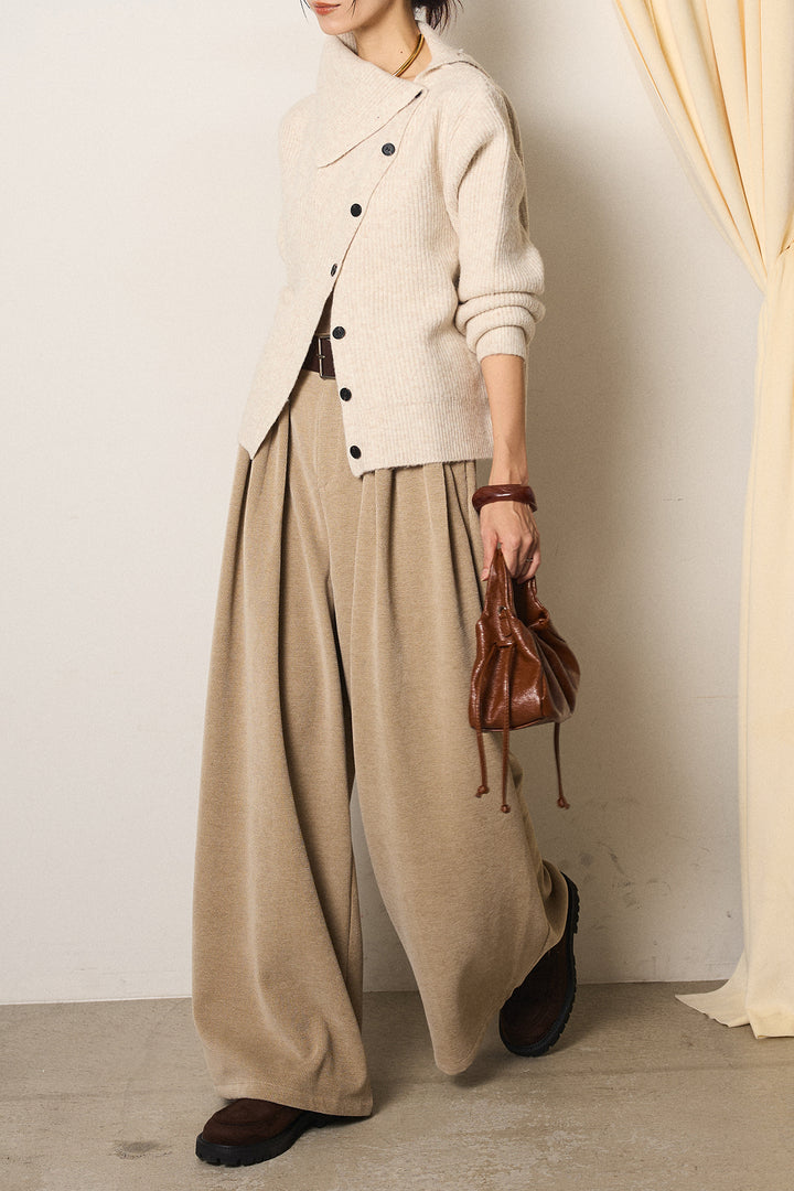 [SET]ボタンデザインネックニットプルオーバー+ベルトループコーデュロイワイドパンツ(2set)