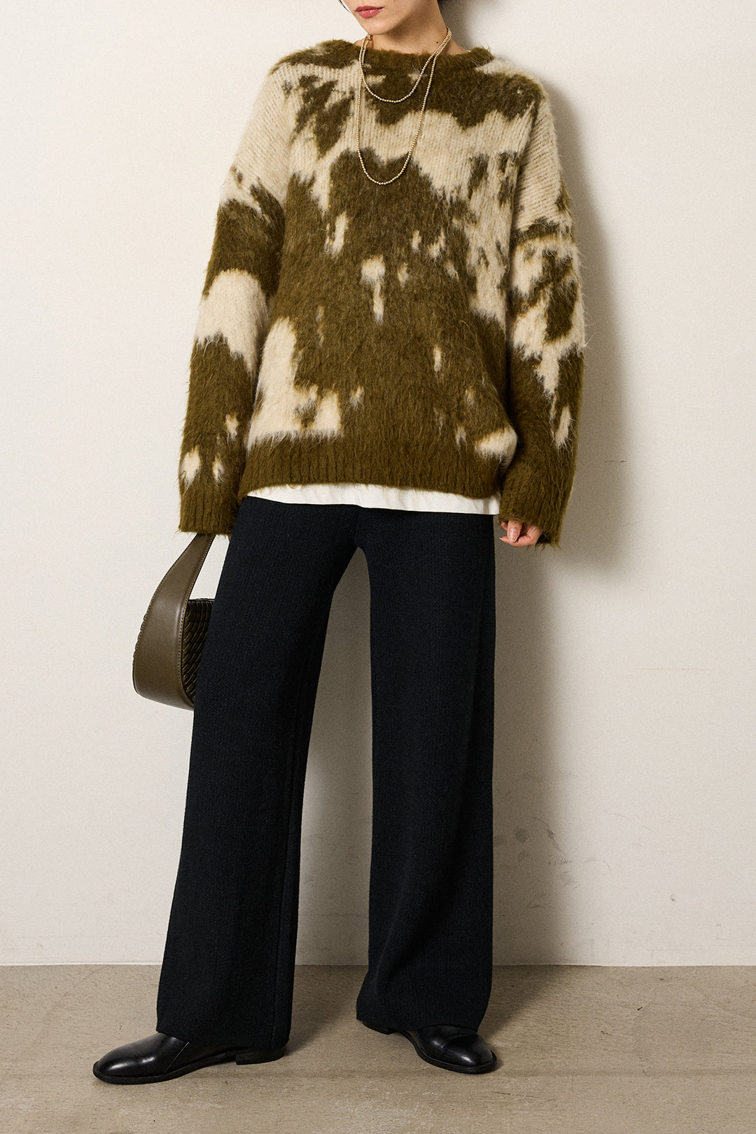 [SET]モヘアタッチマーブルニット+箔プリントBIGシルエットロングスリーブTシャツ+ワイドリブニットイージーパンツ(3set)