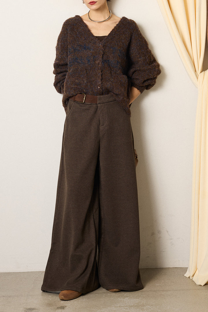 [SET]ウール混透かしロゴニットカーディガン+サイドベルトパンツ(2set)