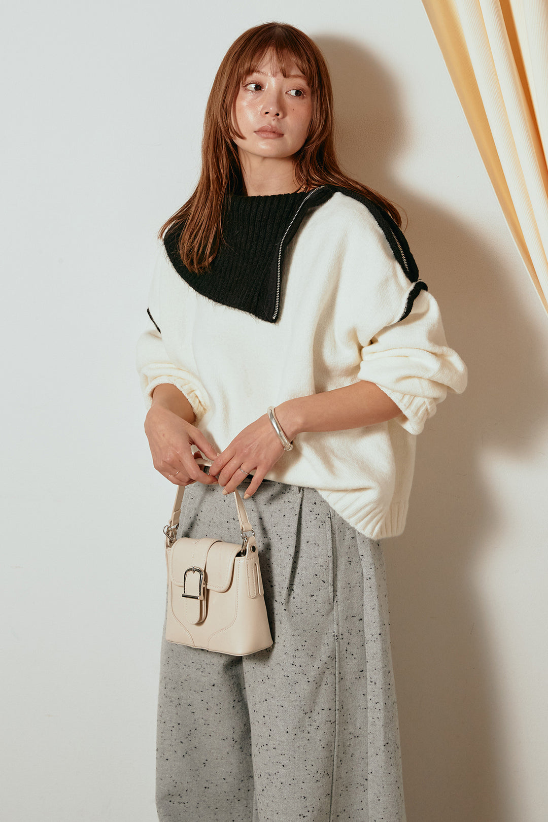 [SET]ハイネックジップデザインニットトップス+ベルト付きネップツイードカーブパンツ(2set)