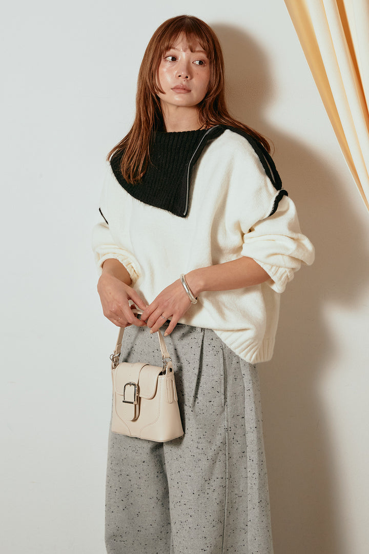 [SET]ハイネックジップデザインニットトップス+ベルト付きネップツイードカーブパンツ(2set)