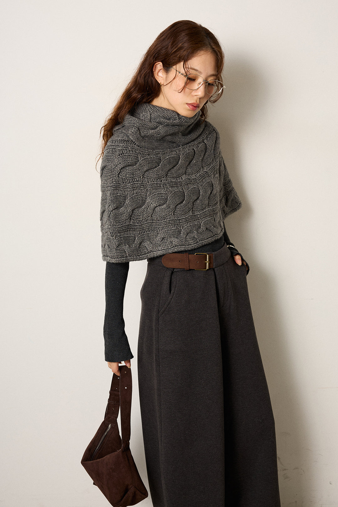 [SET]ケーブル編みケープレイヤードニット+サイドベルトパンツ(2set)