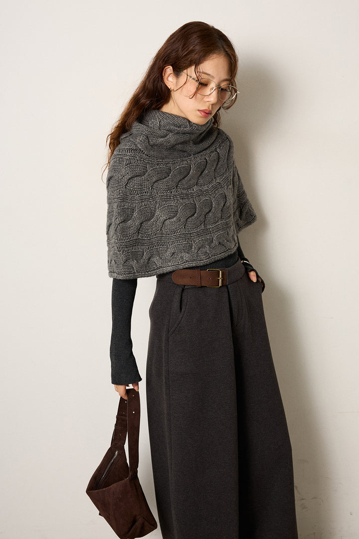 [SET]ケーブル編みケープレイヤードニット+サイドベルトパンツ(2set)