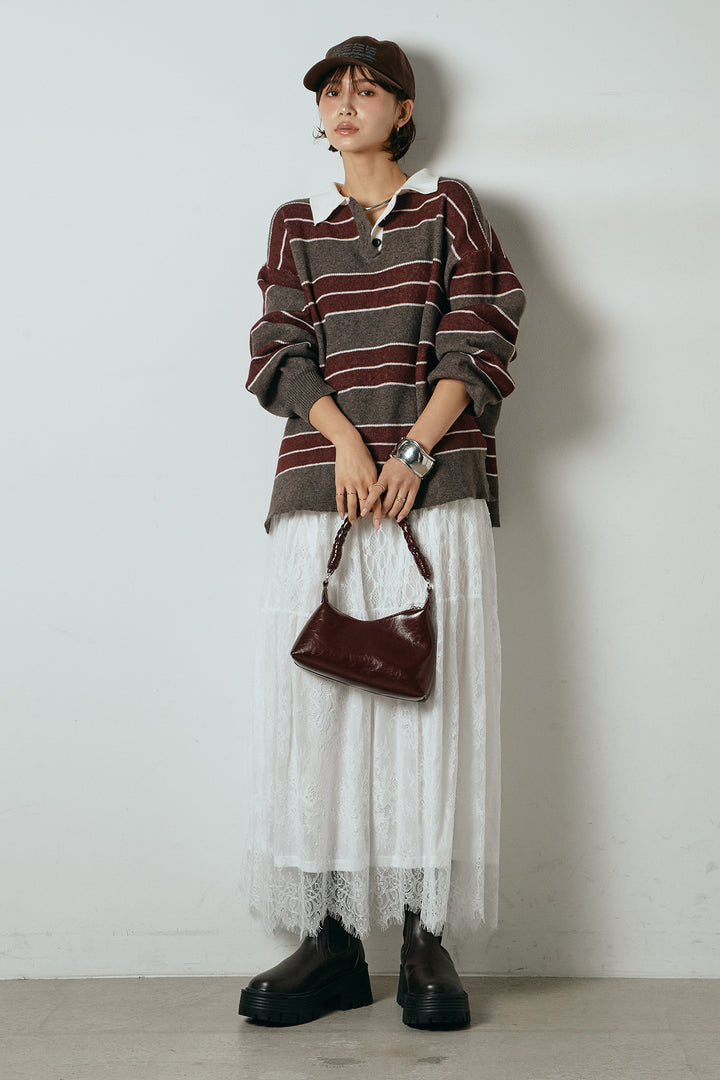 [SET]ラガーニットボーダーポロプルオーバー+ひげレース切替ロング丈スカート(2set)