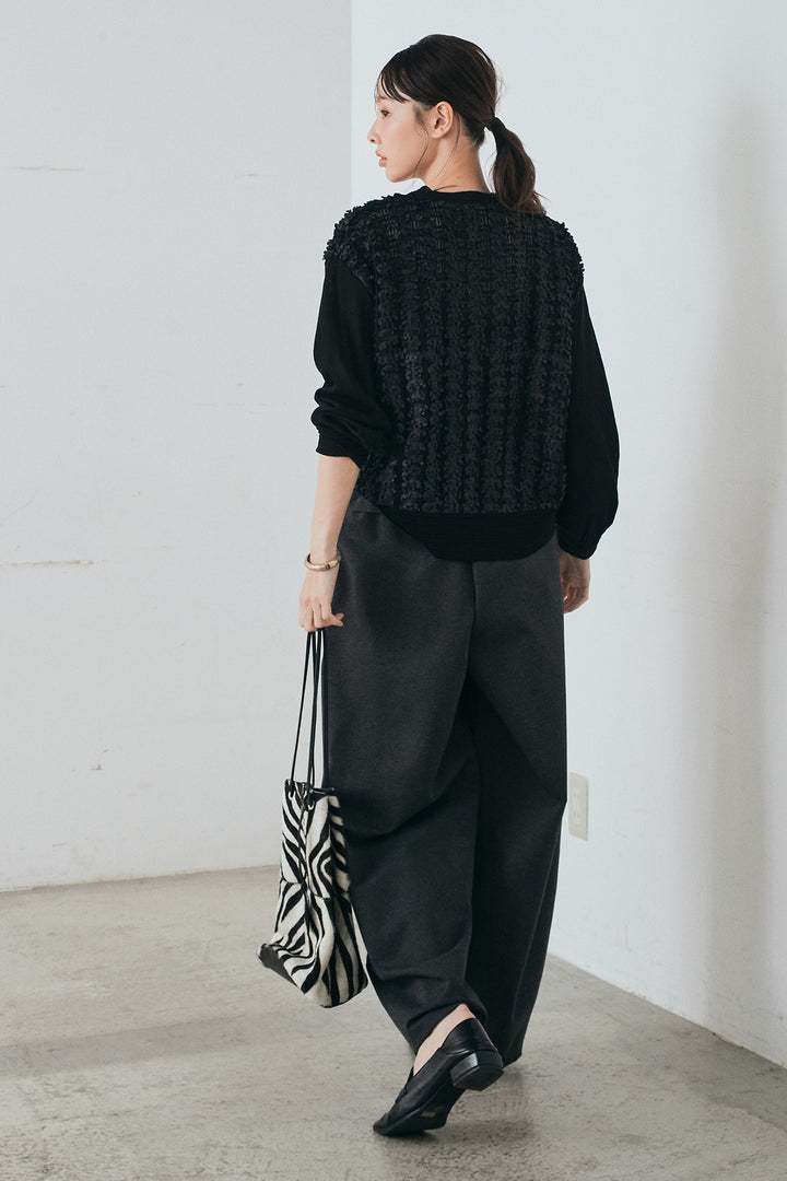 [SET]モコレースVネックカーディガン+カットダンボールウエストフリルカーブパンツ(2set)