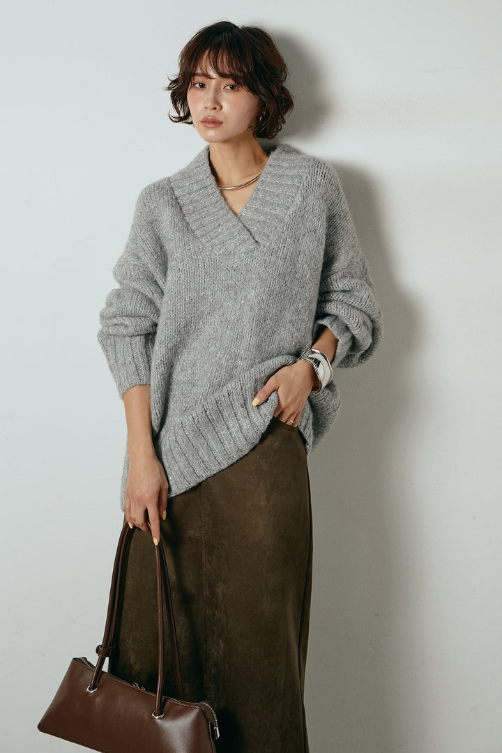 [SET]Vネックラメニットトップス+スウェードライク裾フリンジスカート(2set)