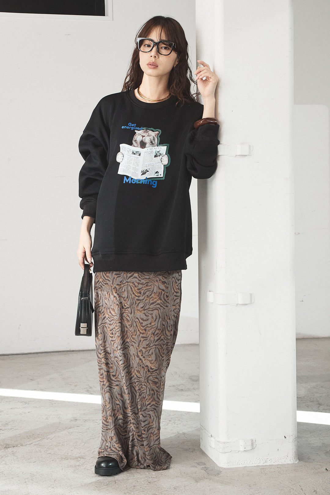 [SET]裏起毛モーニングキャットプリントスウェット+抽象柄ロングスカート(2set)