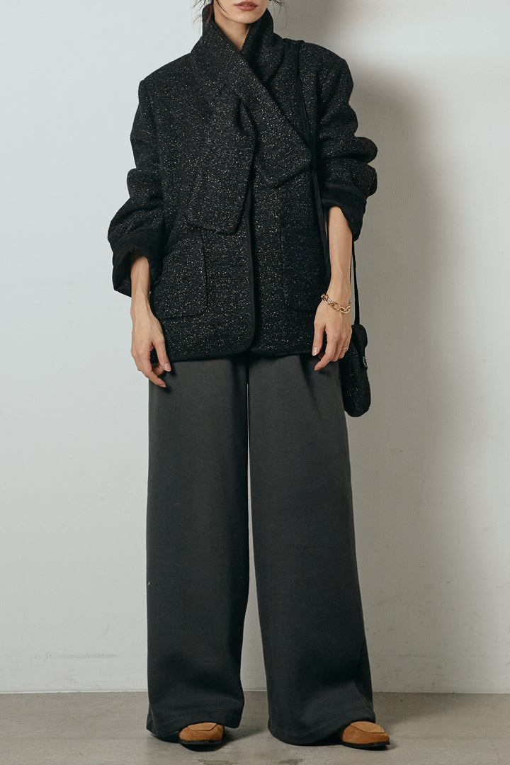 [SET]ノーカラーマフラーバッグ付きアウター+裏起毛スウェットワイドパンツ(2set)