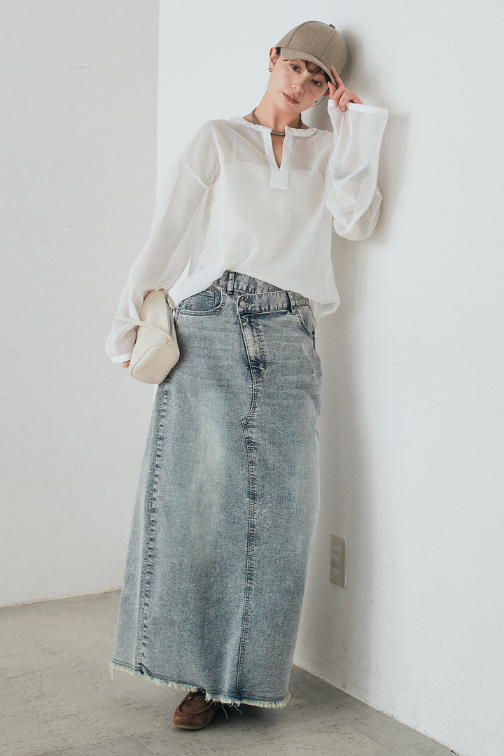 [SET]メッシュカットソースキッパープルオーバー+ウエストクロスデニムタイトスカート(2set)