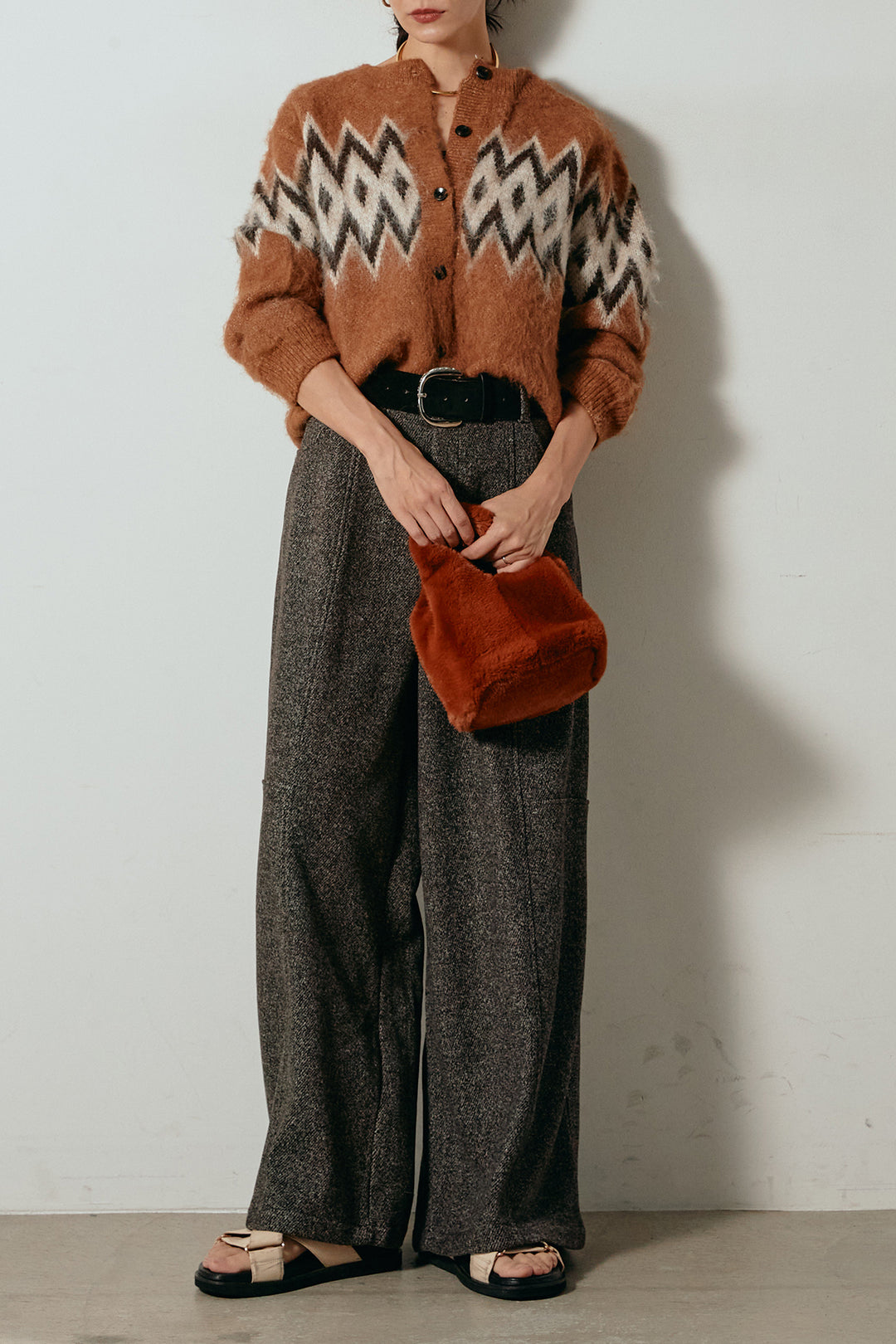 [SET]起毛ノルディック柄ニットカーディガン+太ベルト付きツイードワイドパンツ(2set)