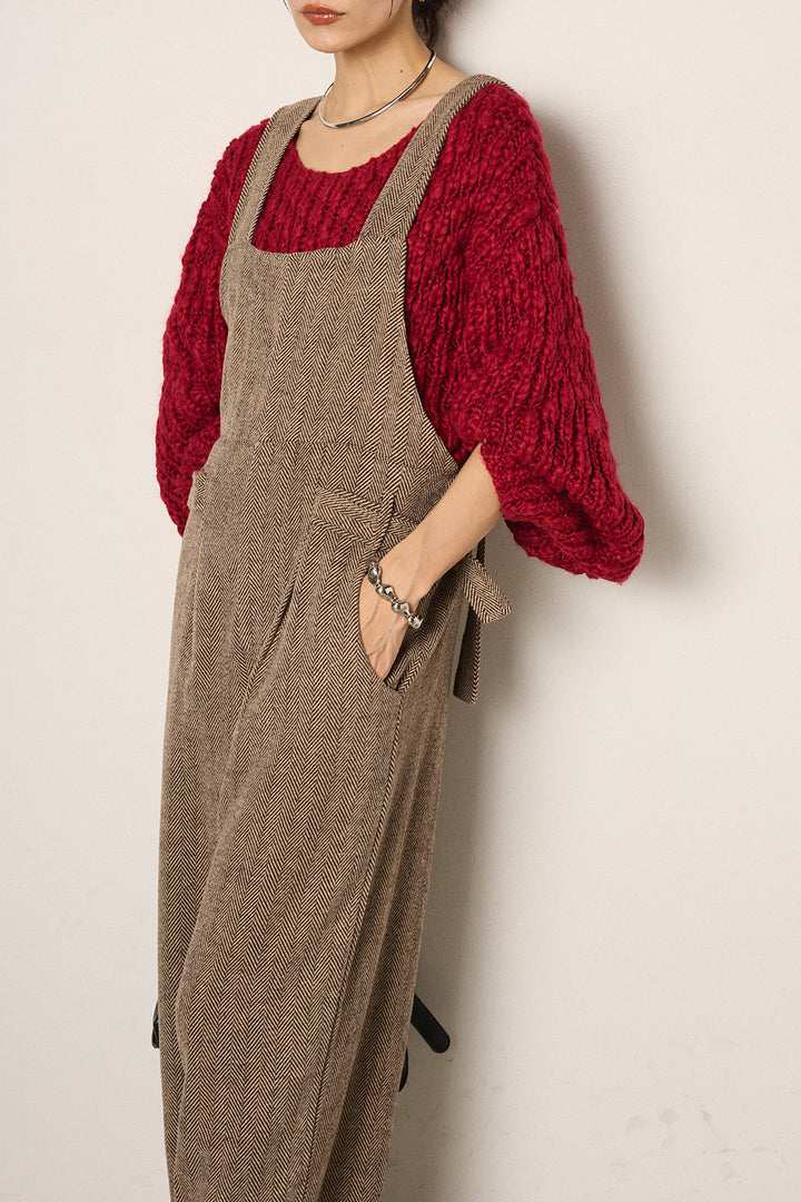 [SET]チャンキースラブニットクロップドプルオーバー+クラシックヘリンボーンサロペット(2set)