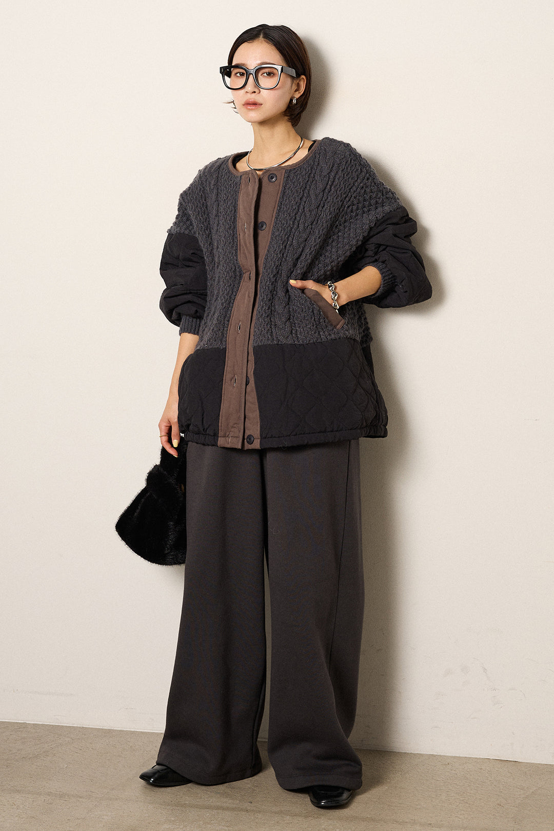 [SET]アラン編みニットノーカラー裾キルティングブルゾン+裏起毛スウェットワイドパンツ(2set)
