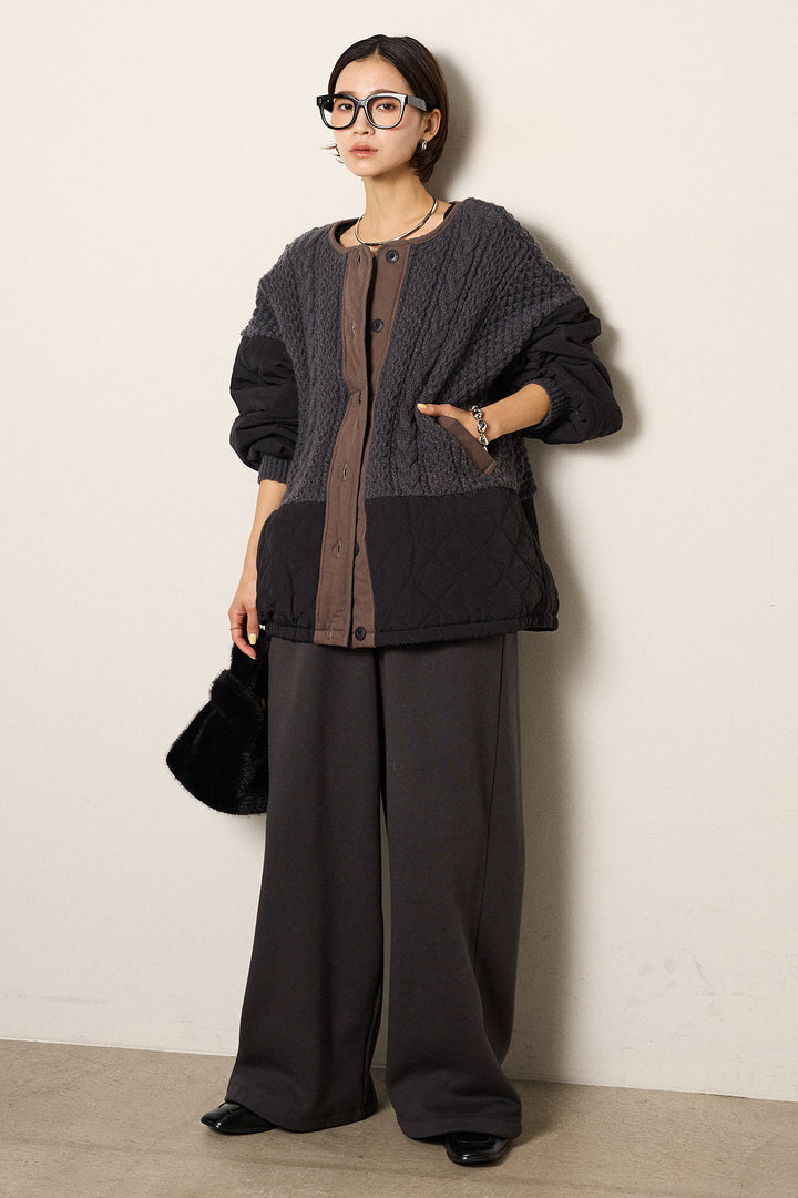 [SET]アラン編みニットノーカラー裾キルティングブルゾン+裏起毛スウェットワイドパンツ(2set)