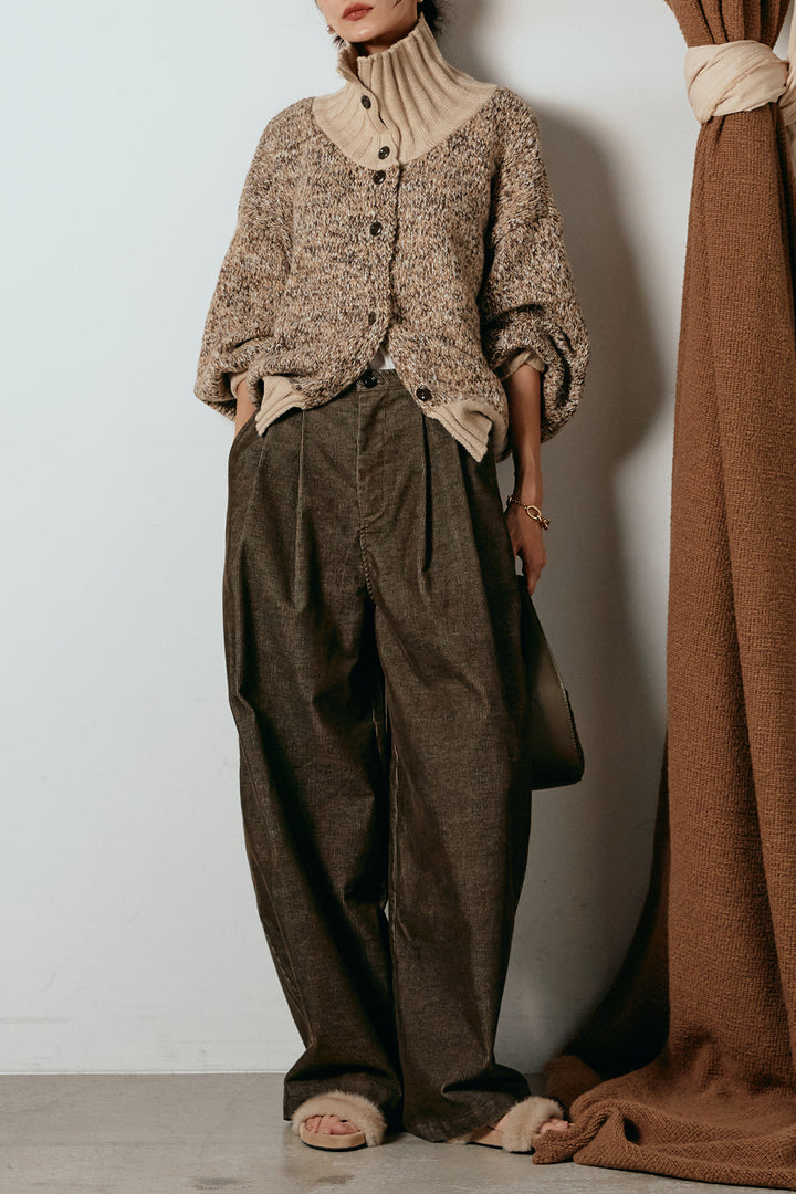 [SET]ハイネックミックスニットカーディガン+フロントタック入りコーデュロイパンツ(2set)