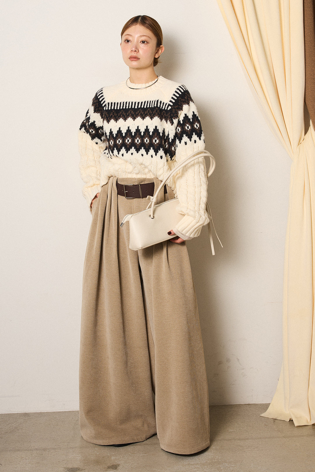 [SET]2WAY求心柄ジャガードショートカーディガン+ベルトループコーデュロイワイドパンツ(2set)