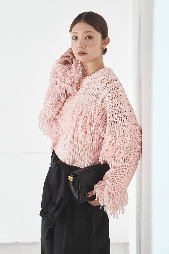 [SET]メッシュフリンジ切り替えプルオーバー+合繊ツイルスタンドウエスト巻きジョガーパンツ(2set)