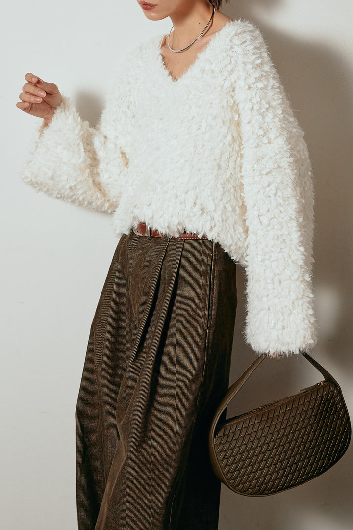 [SET]深Vネックチョウチョヤーンニットトップス+フロントタック入りコーデュロイパンツ(2set)