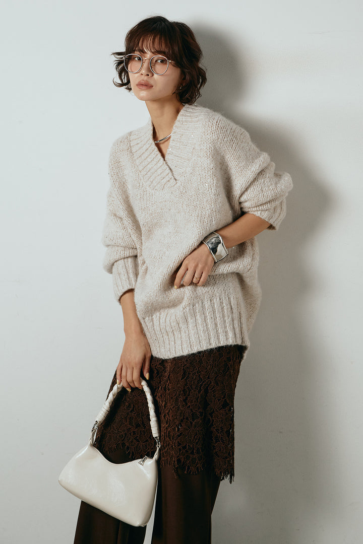 [SET]Vネックラメニットトップス+レース刺繍レイヤードフレアパンツ(2set)