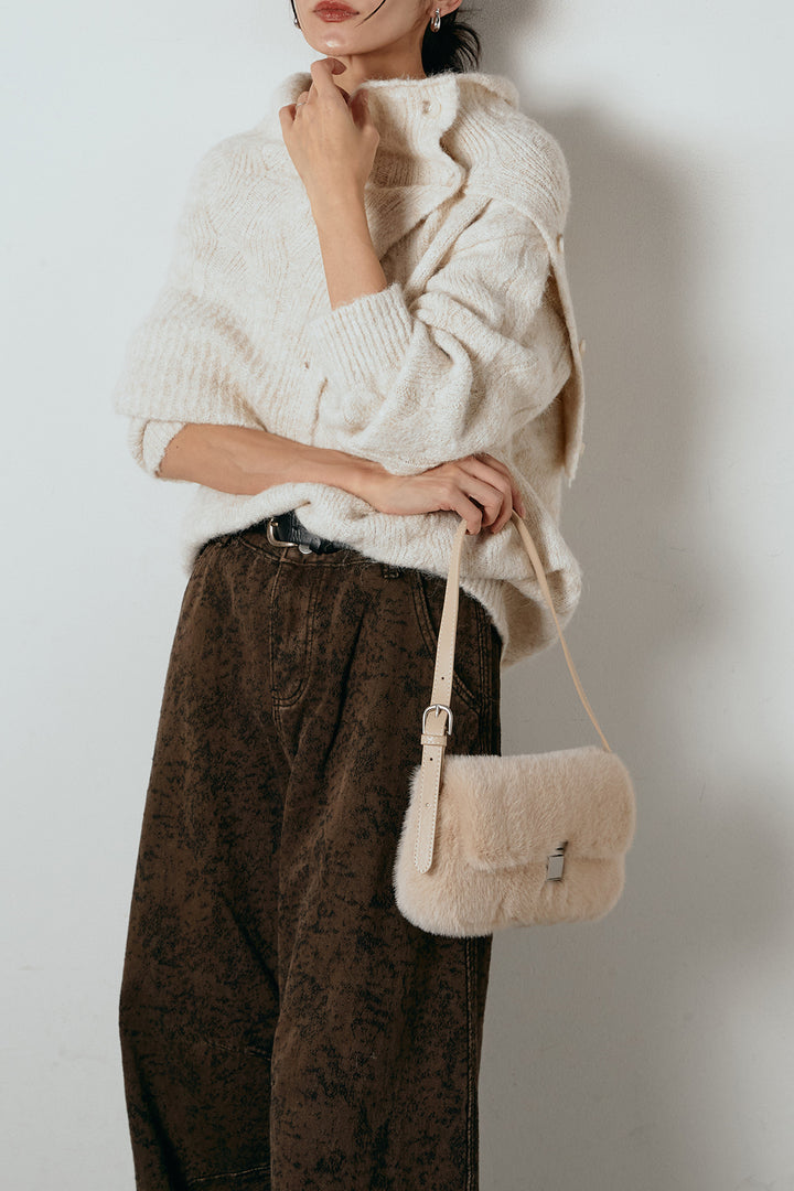 [SET]ケープデザインケーブルニットトップス+ベルト付きニュアンス柄カーブワイドパンツ(2set)