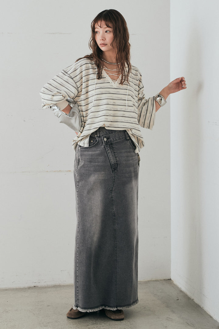 [SET]レースアップワッフルボーダートップス+ウエストクロスデニムタイトスカート(2set)