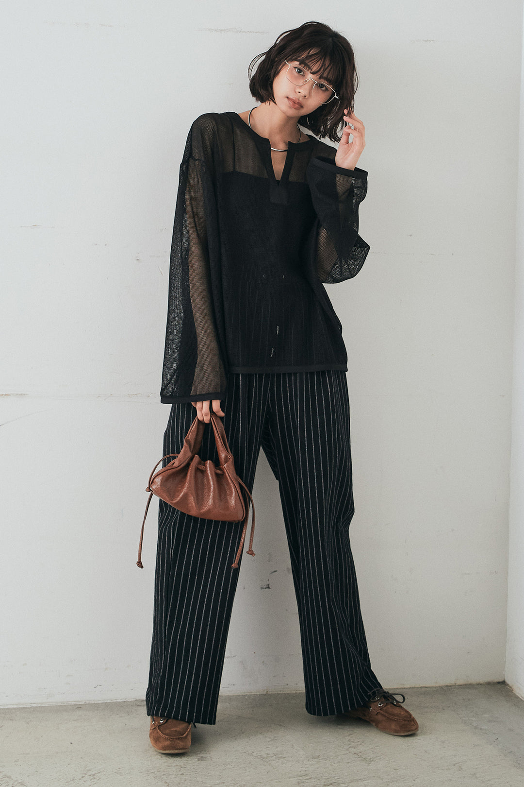 [SET]メッシュカットソースキッパープルオーバー+リネンライクストライプタックイージーパンツ(2set)