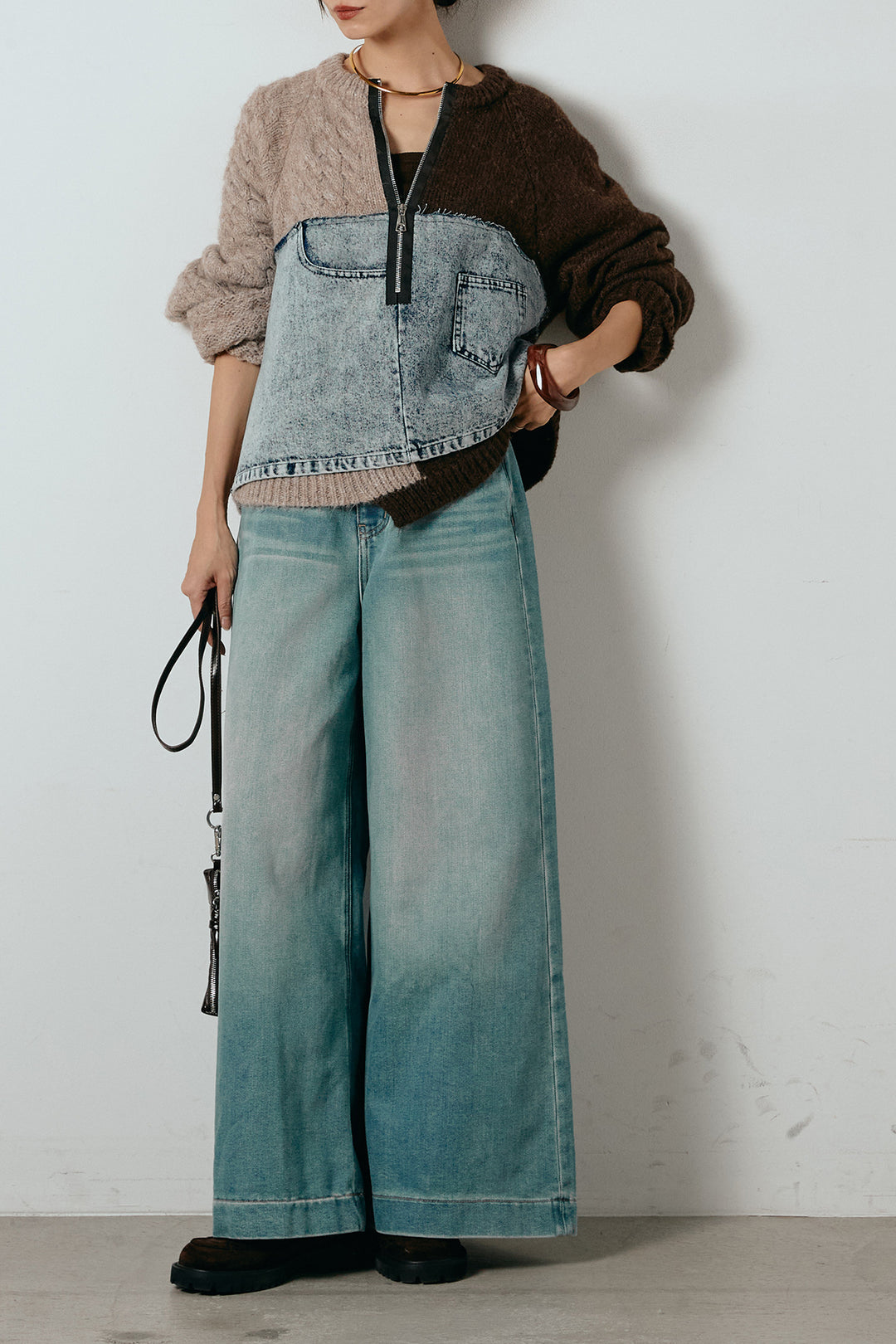 [SET]ハーフジップニットデニムドッキングトップス+ウエストダブルボタンワイドデニムパンツ(2set)