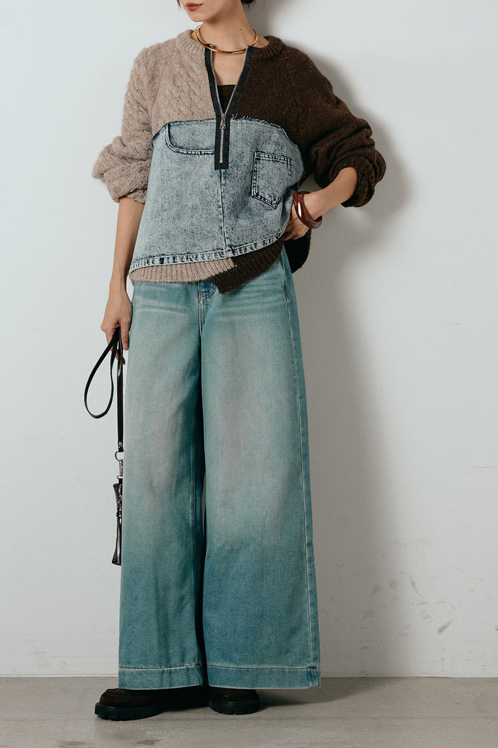 [SET]ハーフジップニットデニムドッキングトップス+ウエストダブルボタンワイドデニムパンツ(2set)