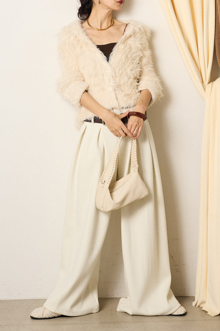 [SET]襟付きシャギーニットカーディガン+フェイクレザー太ベルト付きタックワイドパンツ(2set)
