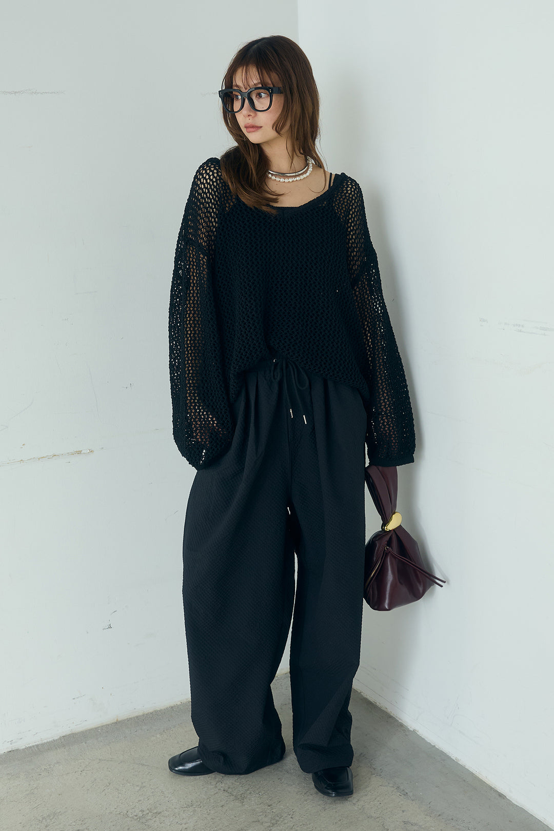 [SET]メッシュ編みビスチェセットVネックプルオーバー+シアサッカーイージーパンツ(2set)